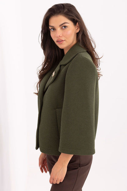 Chic women's coat by Rue Paris in EU size 0, featuring a decorative brooch and smooth fabric blend for luxurious comfort.