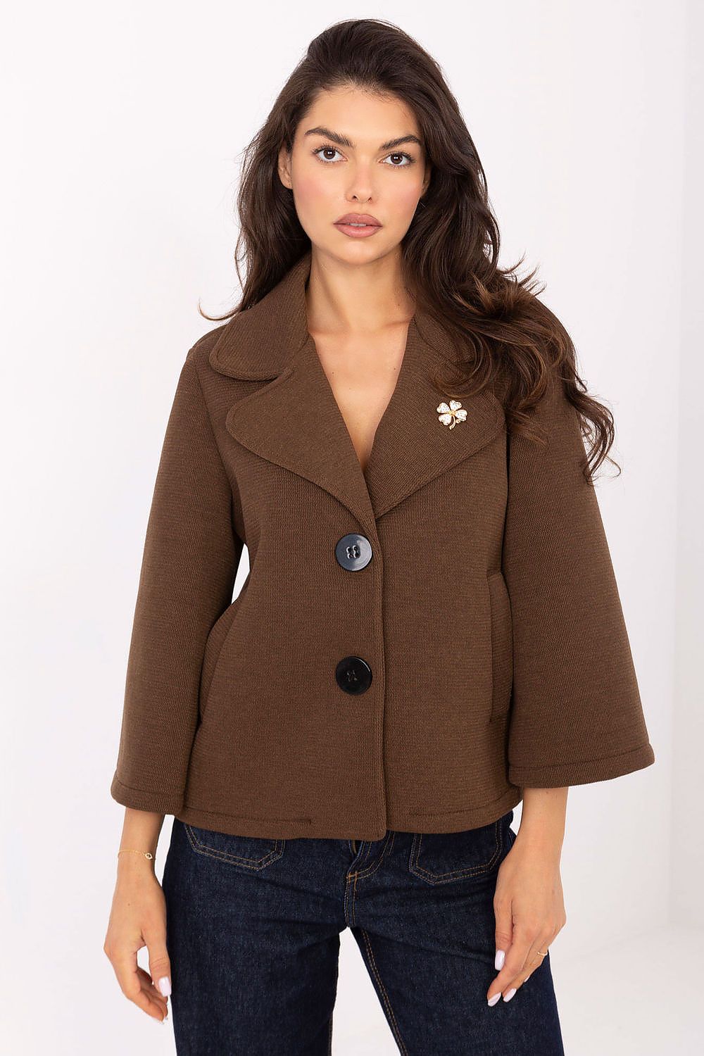 Elegant 3/4 sleeve women's coat by Rue Paris, showcasing a stylish lapel design, perfect for autumn and winter occasions.