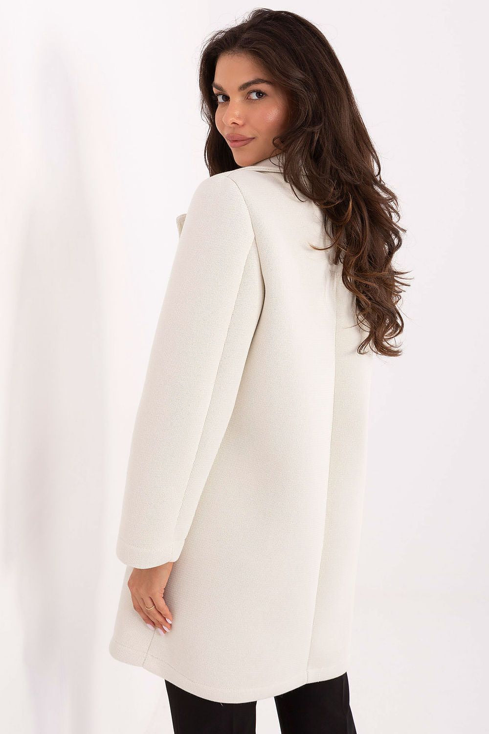 Stylish Rue Paris women's coat displayed elegantly, perfect for sophisticated autumn and spring outfits, featuring a blend of polyester and spandex.