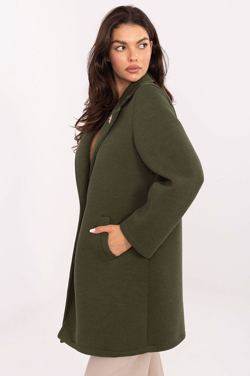 Sophisticated Rue Paris women's coat with practical slip pockets, designed for elegance and versatility in everyday and office wear.