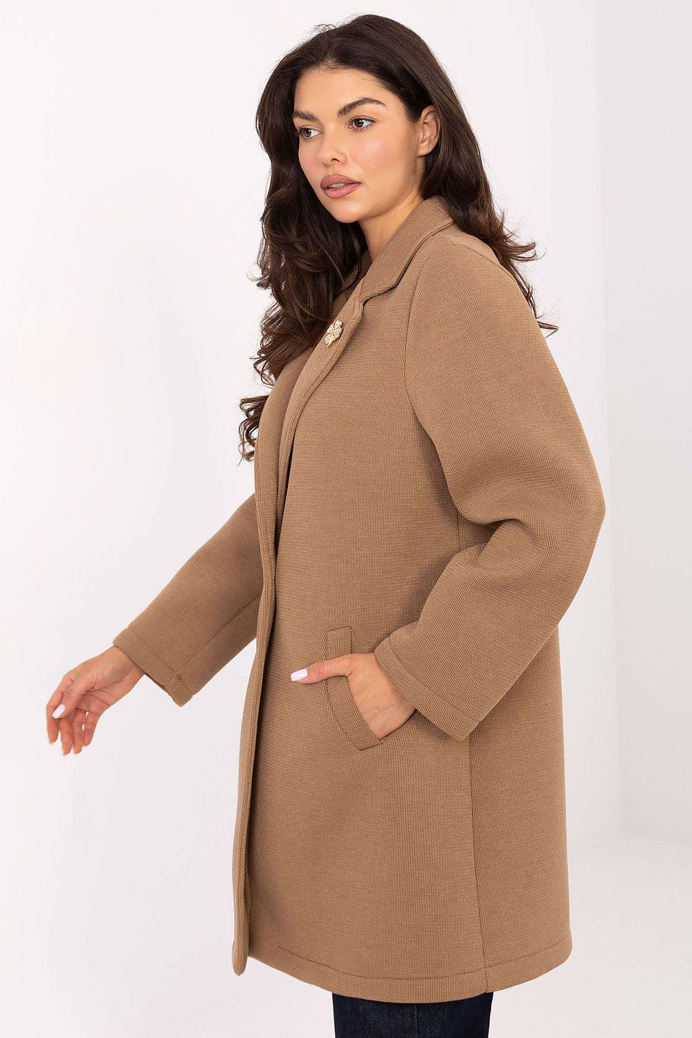 Back view of Rue Paris women's coat, illustrating the smooth polyester-viscose blend fabric and elegant silhouette.