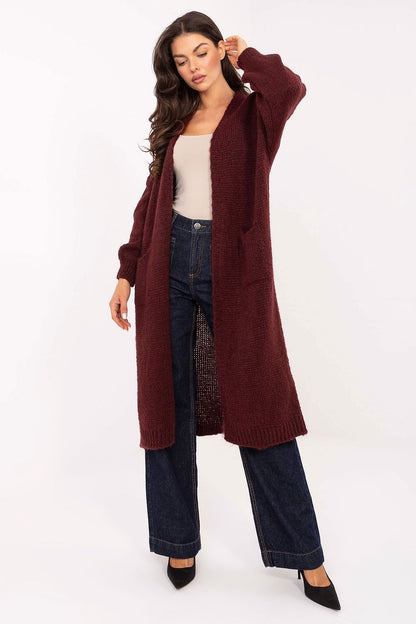 Elegant knee-length women's cardigan by Italy Moda, crafted from soft blended fabric, showcasing a casual yet luxurious style for everyday chic.
