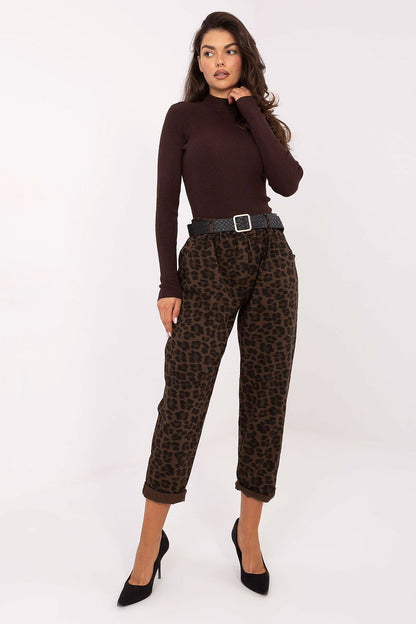 Luxe animal motif high-waisted women's casual trousers by Italy Moda, featuring tapered legs and an elastic waistband.