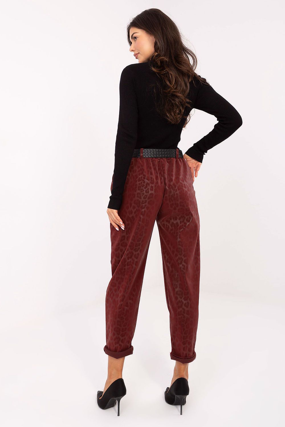 Fashionable leopard print high-waisted faux leather trousers by Italy Moda, perfect for making a bold style statement.