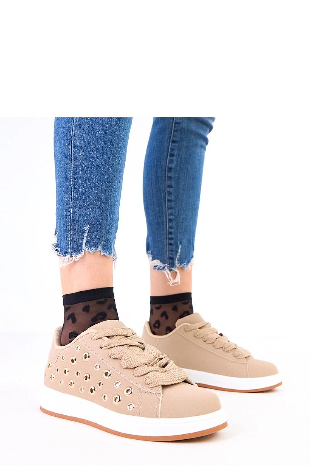 Close-up of Solea Women's Sports Shoes featuring decorative studs and comfortable round toe, crafted from ecological suede leather.