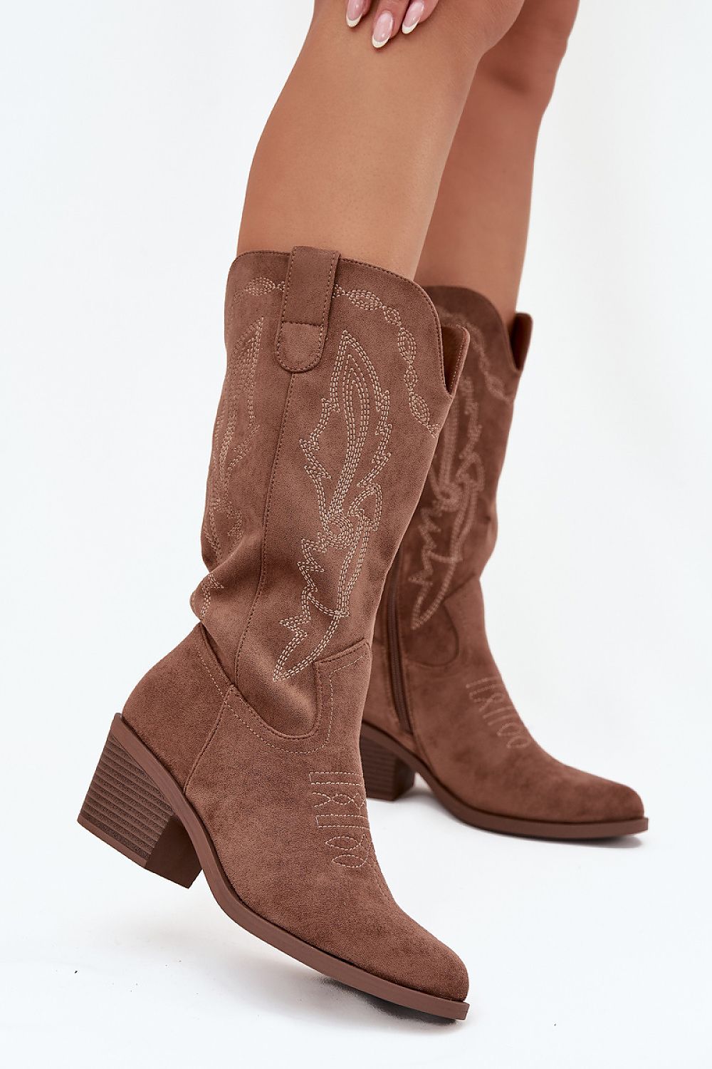 Vinceza Eco Suede Cowboy Boots showcasing a luxurious design with side zipper, almond toe, and insulated comfort, perfect for stylish winter wear.