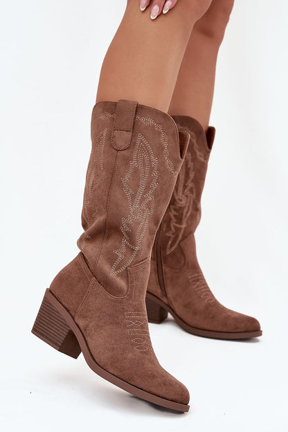 Vinceza Eco Suede Cowboy Boots showcasing a luxurious design with side zipper, almond toe, and insulated comfort, perfect for stylish winter wear.