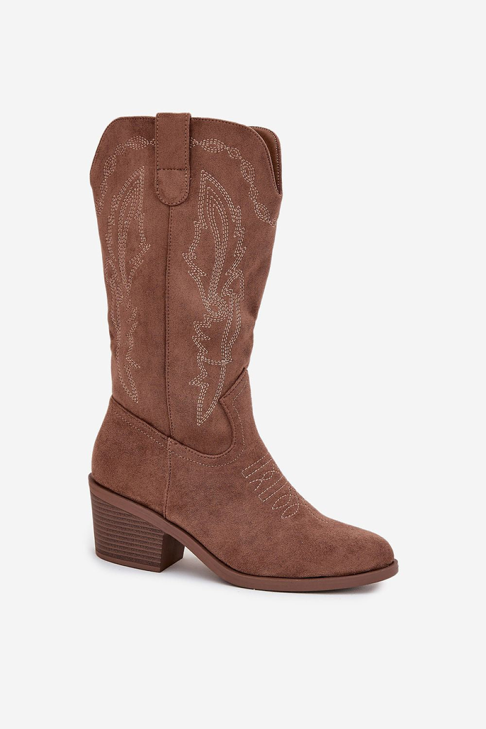 Elegant Vinceza Eco Suede Cowboy Boots displayed with detailed stitching, featuring modern urban style and feminine almond toe, ideal for trendsetting outfits.