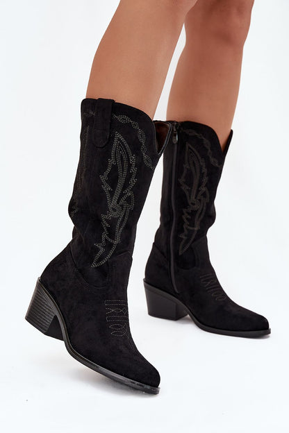 Vinceza Women's Eco-Suede Cowboy Boots featuring a stylish side zipper, almond-shaped toes, and a sophisticated 6 cm heel, showcasing luxury footwear from Step in Style.