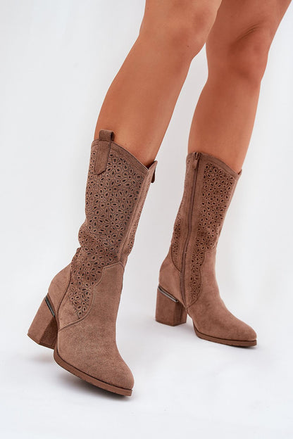 Back view of Step in Style's Women's Open-Work Boots, highlighting the reinforced heel and elegant silhouette made from eco suede.