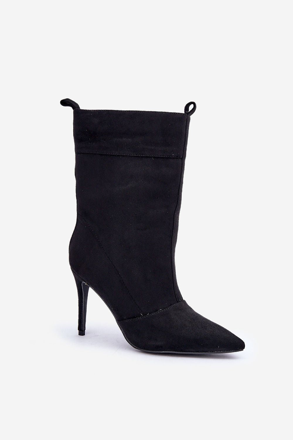 Chic profile view of the eco-suede slip-on ankle boots from Step in Style, showcasing the sophisticated pointed toe and slender 9.5cm stiletto heel.