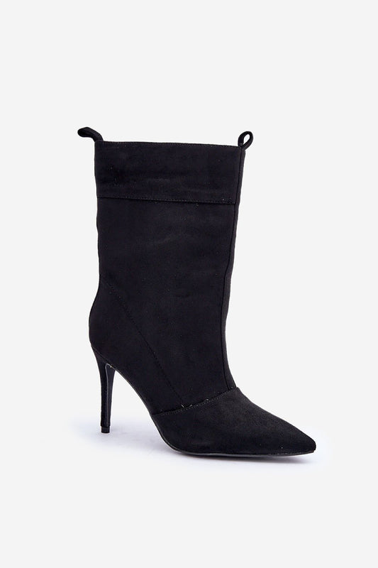 Chic profile view of the eco-suede slip-on ankle boots from Step in Style, showcasing the sophisticated pointed toe and slender 9.5cm stiletto heel.