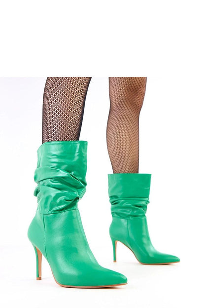 Solea elegant eco-leather ankle boots featuring decorative ruched upper design and a chic 9.5cm stiletto heel, perfect for stylish occasions.