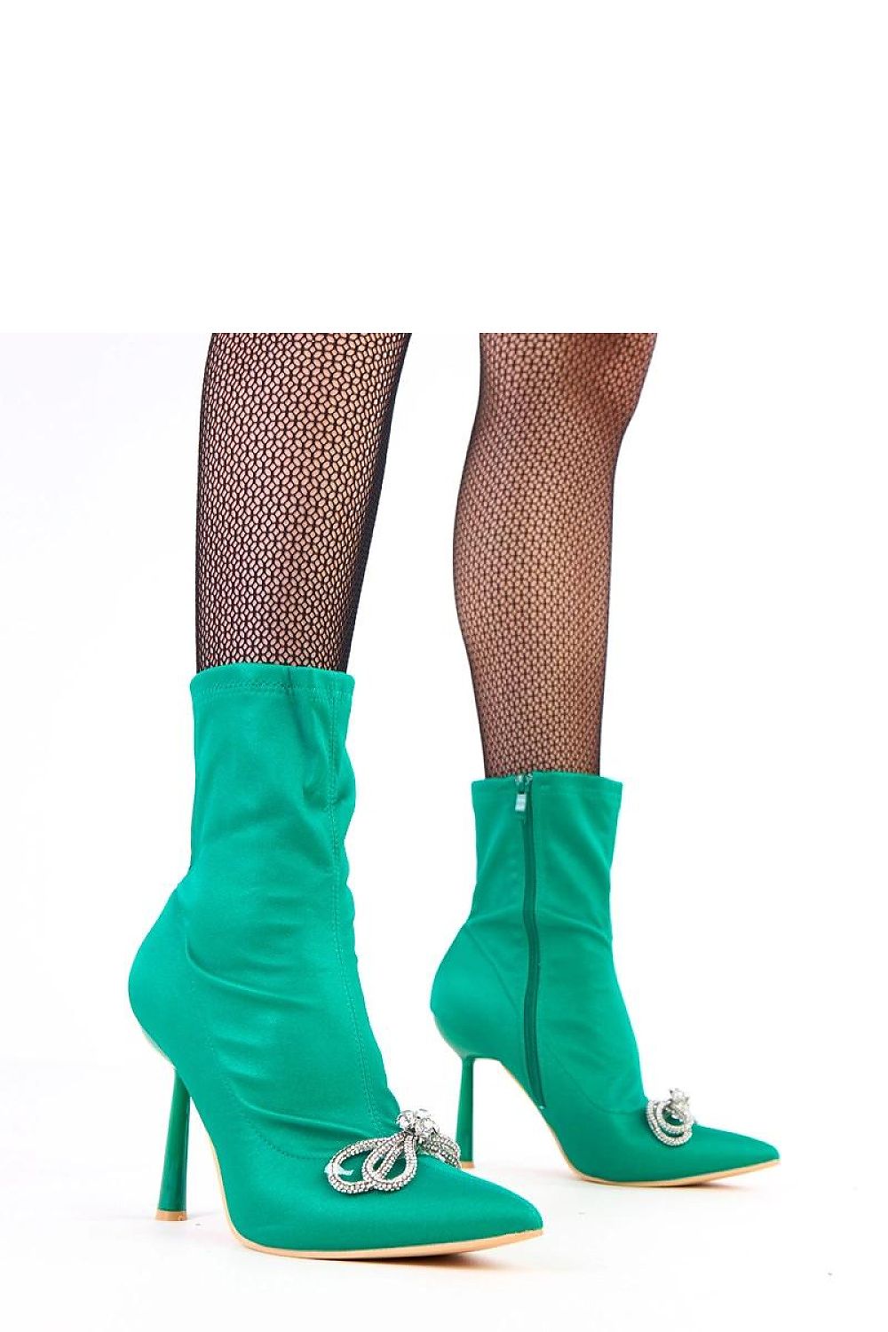 Close-up view of Solea satin ankle boots featuring a luxurious zirconia bow accent and pointed toe design.