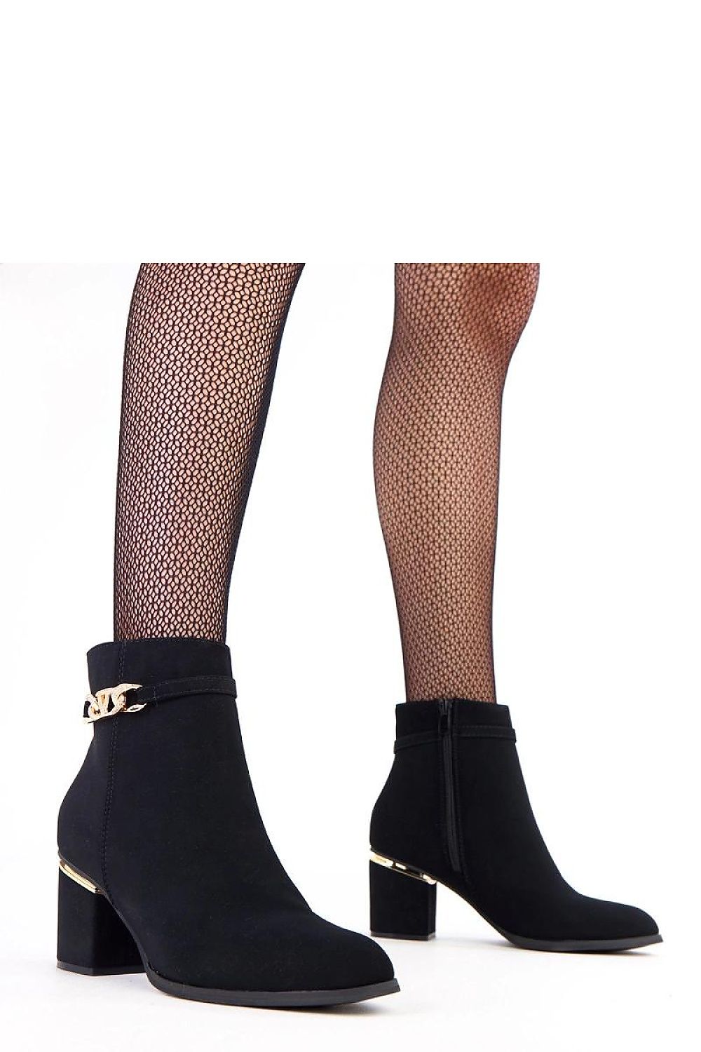 Elegant ankle boots by Solea featuring a gold zircon ornament, 7 cm heel, and eco leather design, ideal for autumn-winter fashion.