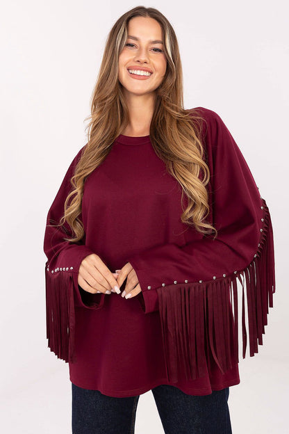 Stylish women's sweatshirt by Factory Price, featuring an elegant viscose-polyester blend, adorned with fringes and studs for a chic, rock-inspired look. Perfect for everyday wear and versatile outfits.