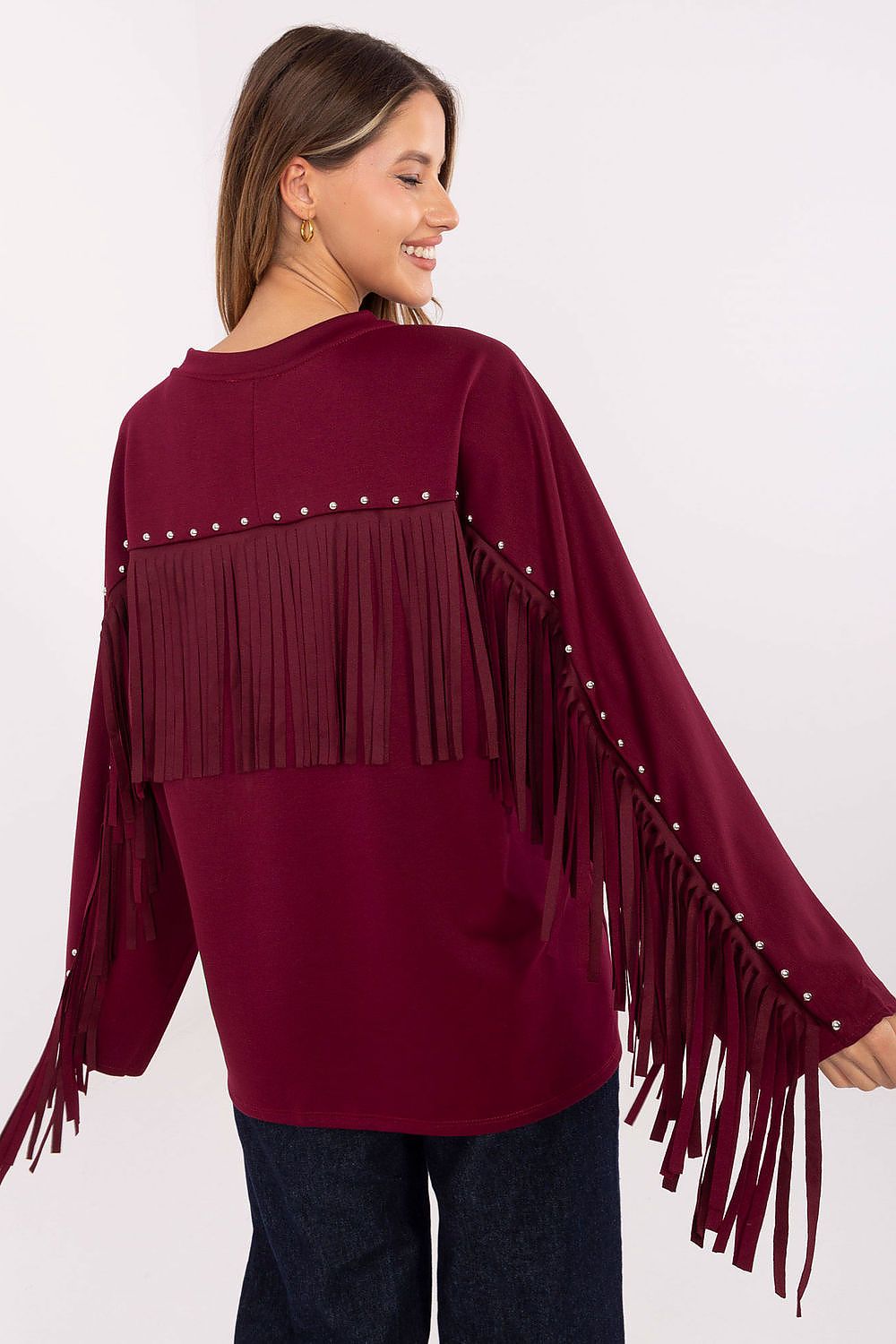 Factory Price's luxurious women's sweatshirt in EU size 0, featuring a smooth texture and fashionable accents like fringes and studs, ideal for modern styling.
