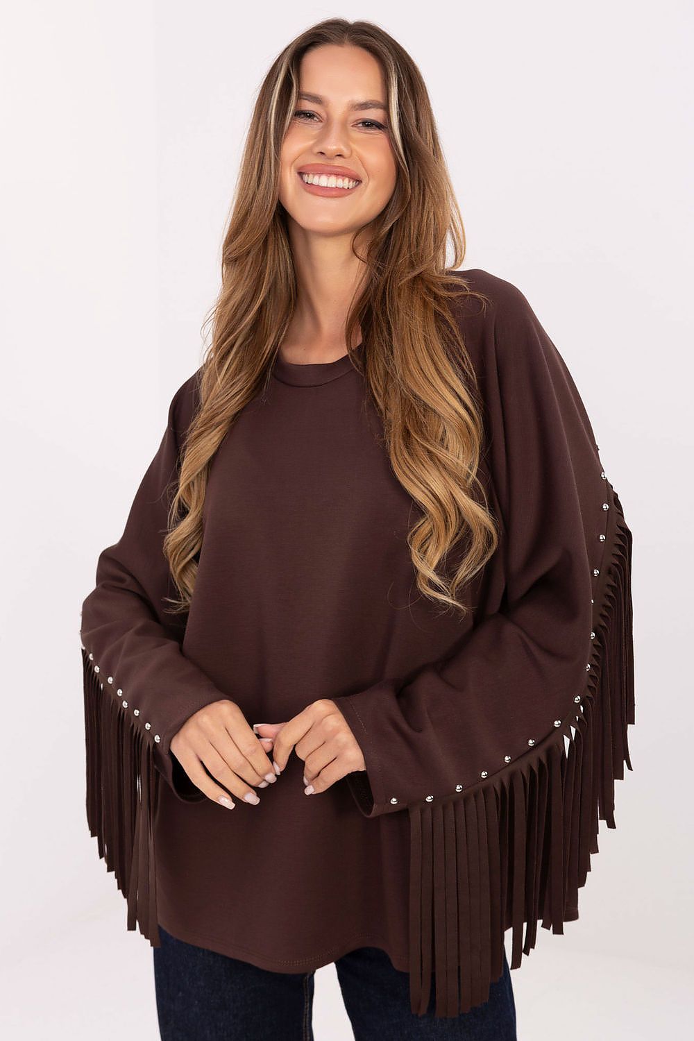 Chic women's sweatshirt from Factory Price, crafted with a comfortable viscose-polyester blend, embellished with fringes and studs for a unique, edgy touch.