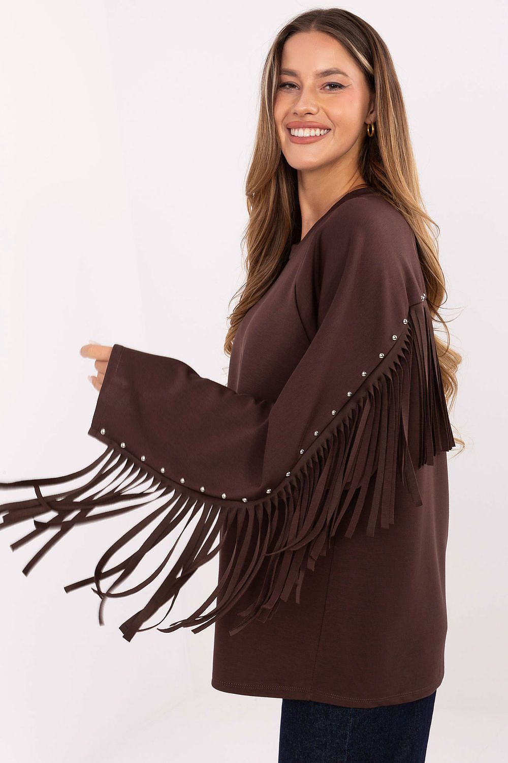 Stylish and comfortable women's sweatshirt by Factory Price, designed with an eye-catching fringe and stud detail, perfect for elevating casual outfits.