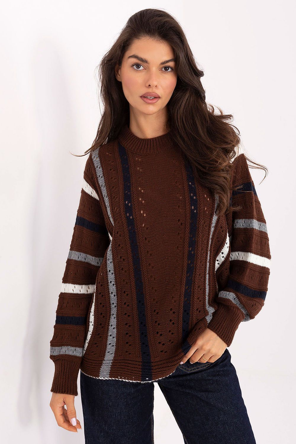 Elegant oversized women's acrylic sweater by Factory Price featuring an openwork pattern and casual style, perfect for cooler days.
