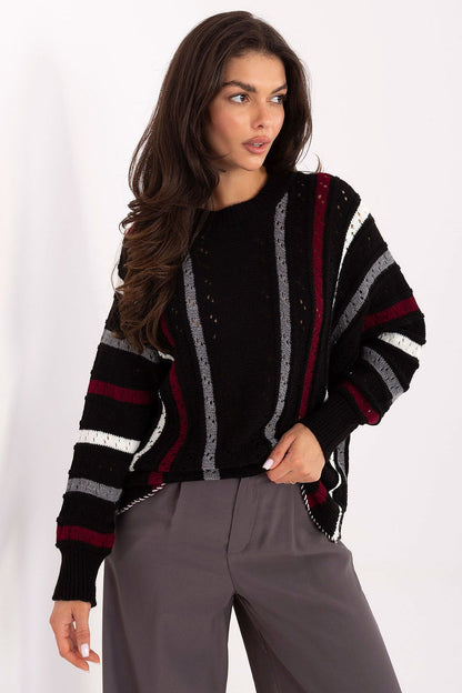 Stylish acrylic oversized sweater for women from Factory Price showcasing intricate stripes and a breathable openwork pattern.