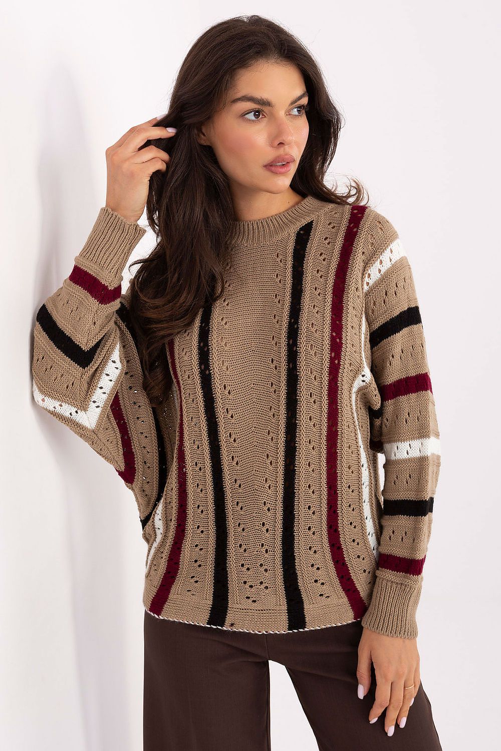 Elegant oversized women's acrylic sweater by Factory Price with openwork pattern, perfect for casual style on cooler days.