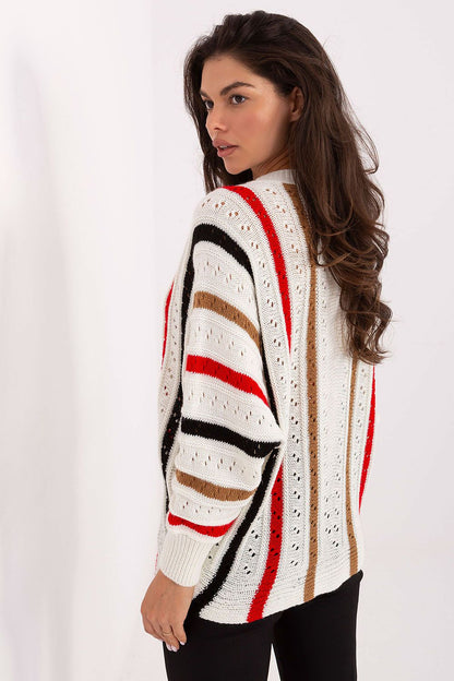 Full view of elegant oversized women's sweater by Factory Price, embodying comfort and style with its unique stripes and flattering silhouette.
