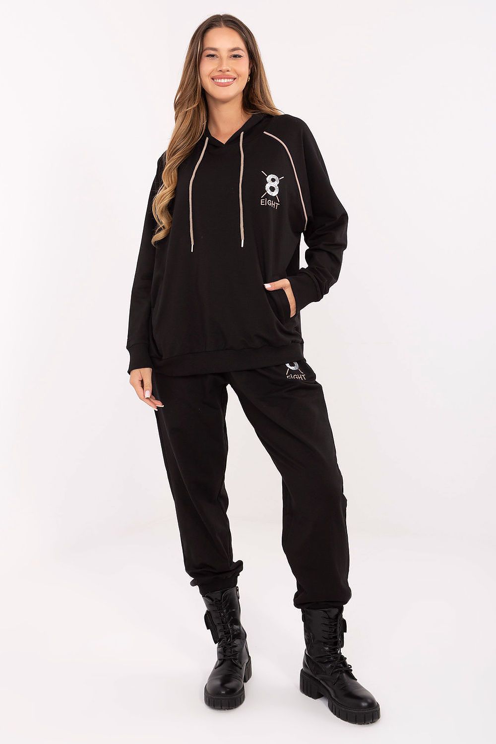Elegant women's casual tracksuit set featuring a luxurious embellished hoodie with embroidery and zircons, designed by Relevance.
