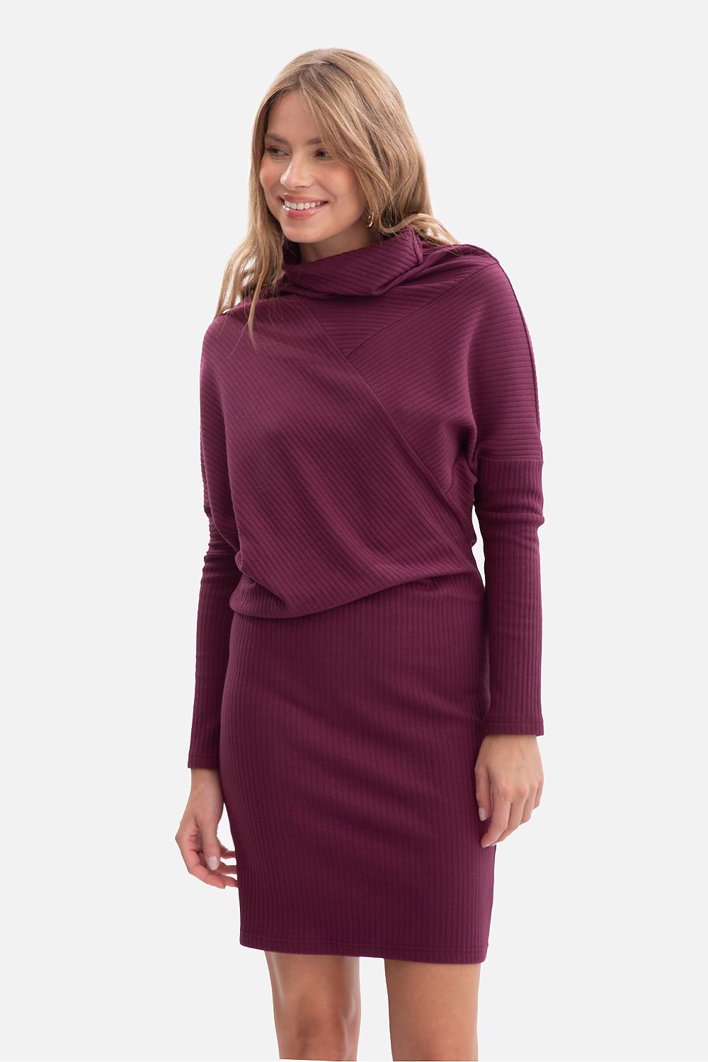 Elegant BeWear Mini Ribbed Daydress featuring a high stand-up collar, showcasing its luxurious ribbed fabric and batwing sleeves, perfect for sophisticated women's fashion.