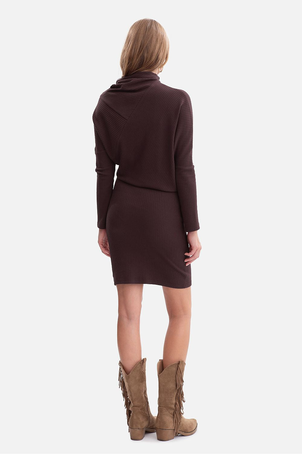 Close-up detail of BeWear Mini Ribbed Daydress fabric, highlighting the high-quality ribbed texture and smooth drape for sophisticated comfort.