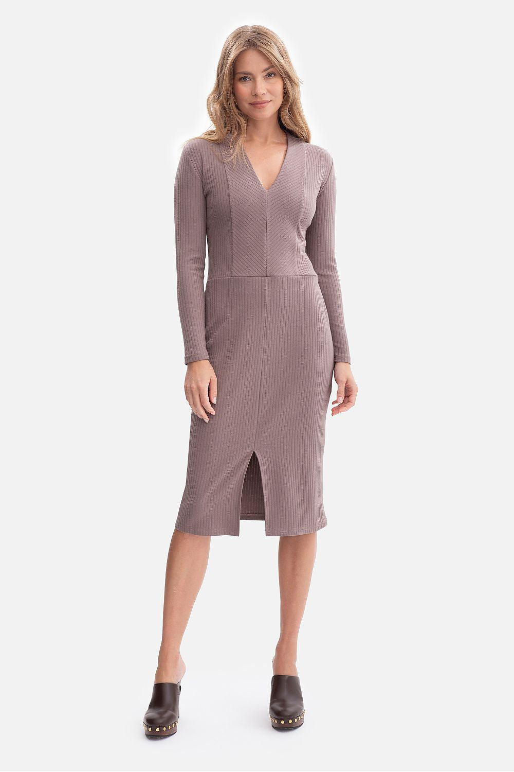 BeWear fitted midi dress showcasing long sleeves and a sensual front slit, embodying luxury and elegance.