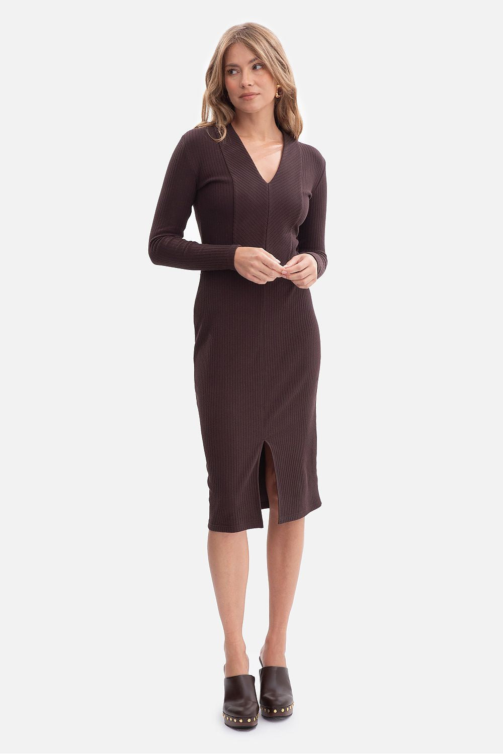 BeWear midi dress with long fitted sleeves, emphasizing feminine charm and graceful movement.