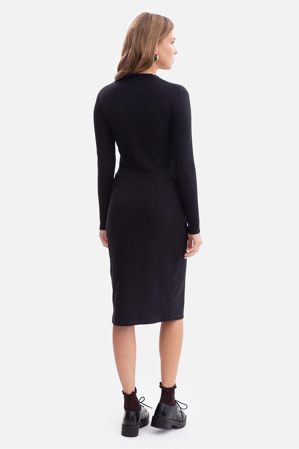 The back view of BeWear's Elegant Midi Daydress showcasing its long fitted sleeves and elegant silhouette.