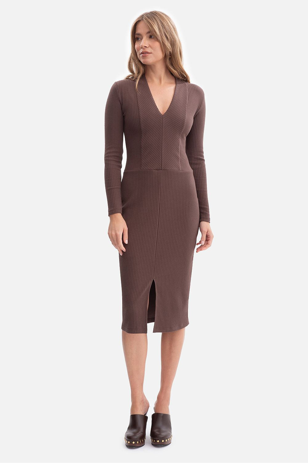 Model wearing the BeWear Elegant Midi Daydress, demonstrating the midi length and stylish front slit for freedom of movement.