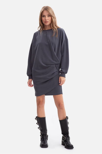 Close-up of the BeWear Women's Oversized Daydress highlighting the premium smooth sweatshirt fabric, featuring a classic round neckline and dropped shoulder sleeves for a chic oversized look.