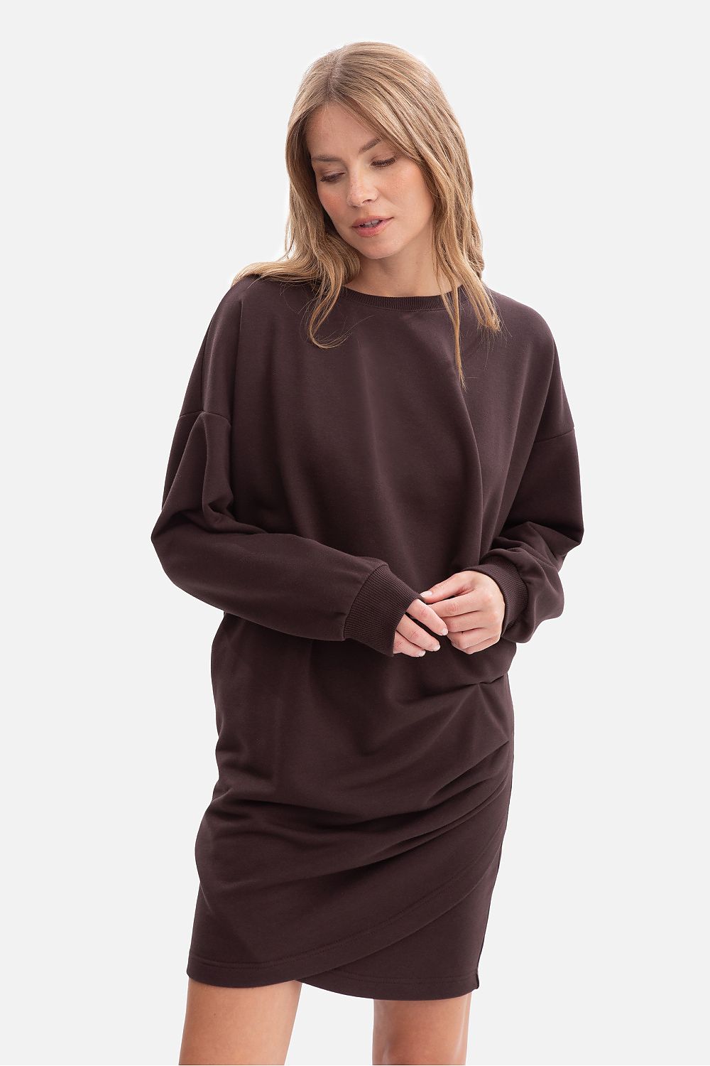 Elegant BeWear Women's Oversized Daydress displayed in mid-thigh mini length, crafted from high-quality sweatshirt fabric, combining sporty freedom with feminine elegance.