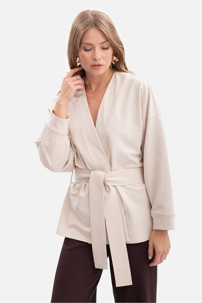 Elegant BeWear women's kimono-style blazer sweatshirt in soft grey, designed for a modern and luxurious look, featuring an open front and adjustable waist belt.