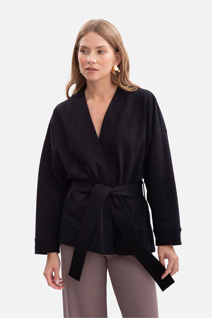 Stylish BeWear women's kimono blazer sweatshirt, designed with a waist belt for versatile styling options and comfort.