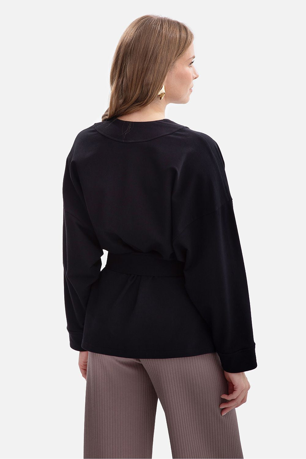 Luxurious BeWear women's open front blazer sweatshirt, perfect for pairing with jeans or dresses for a sophisticated look.
