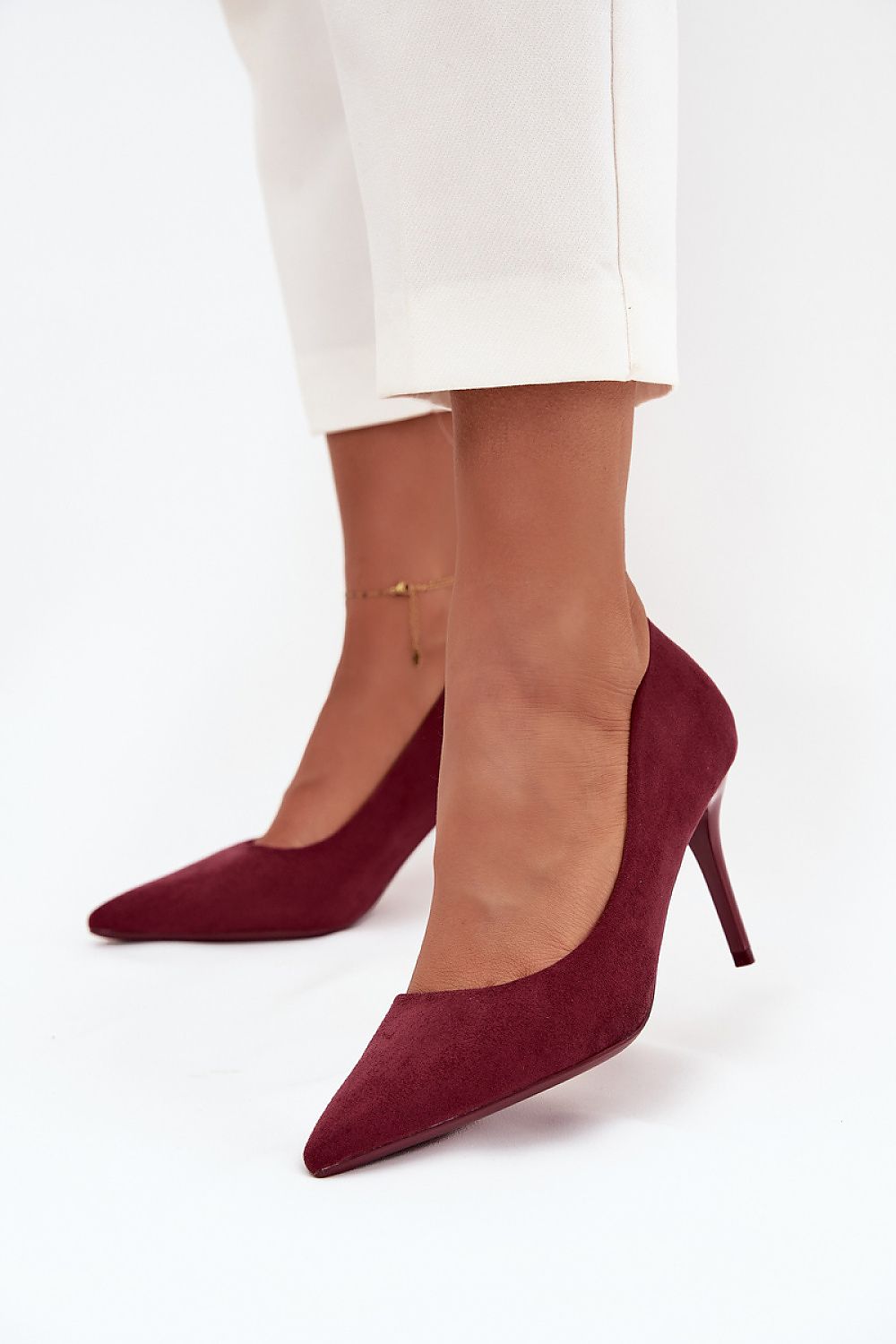 Close-up of Step in Style's Eco Suede Women's High Heels, highlighting the intricate detailing and comfort-focused design for elegant wear on special occasions.