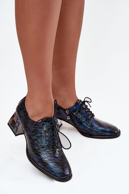 Luxurious women's heeled low shoes made of natural leather by Step in Style, designed for elegance and comfort with a stable heel and crystal decoration.