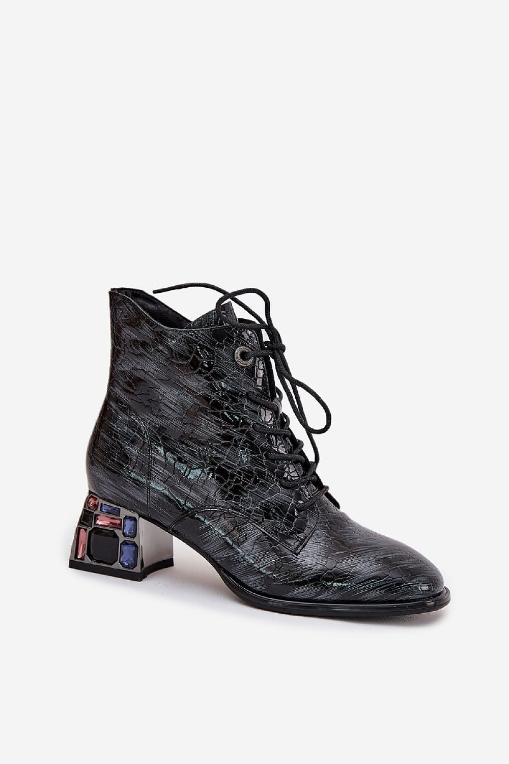 Step in Style Elegant Women's Patent Leather Heel Boots adorned with crystals, showcasing a stable block heel and rounded toe design, perfect for stylish winter outfits.