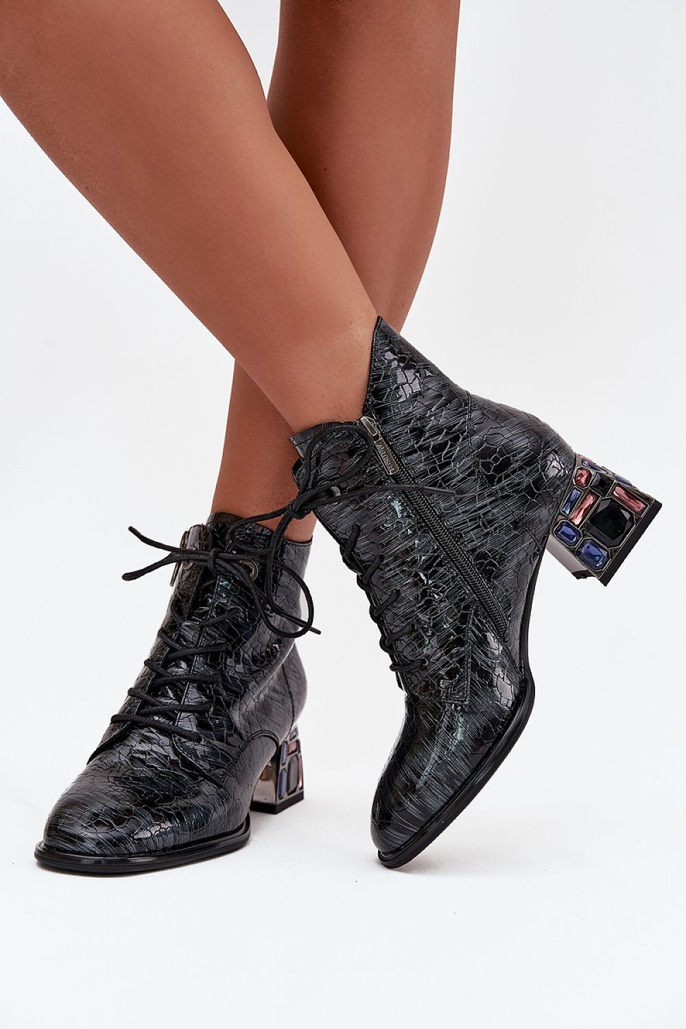 Luxurious Women's Patent Leather Heel Boots by Step in Style, featuring intricate crystal embellishments and a chic lacing with zipper for easy wear, designed for EU sizes 36-41.