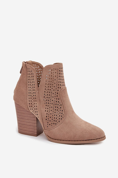Luxury eco suede ankle boots for women by Step in Style, featuring upscale cut-outs and a fashionable column heel, perfect for elegant styling.