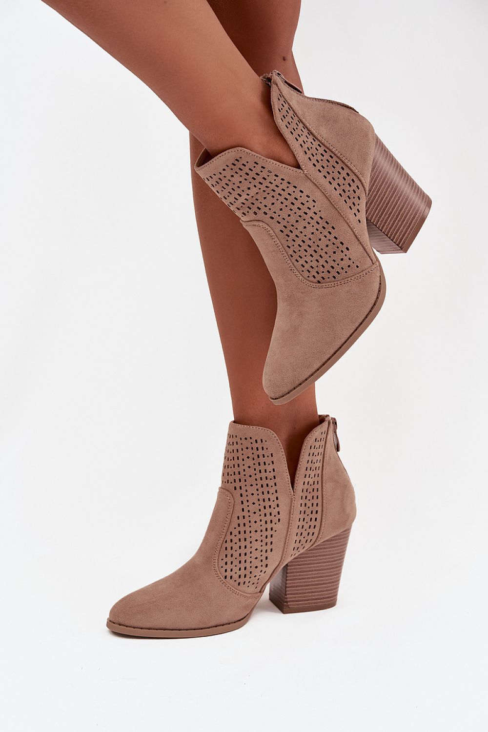 Stylish back zip eco suede ankle boots by Step in Style, showcasing chic cut-outs and a comfortable 8.5 cm column heel, ideal for any smart casual outfit.