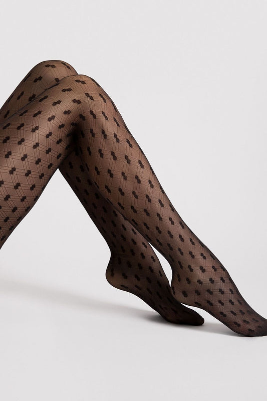 Fiore's Elegant Bijou 20 Den Polka Dot Tights in sophisticated brown, designed for elegant styling with modern clothing.