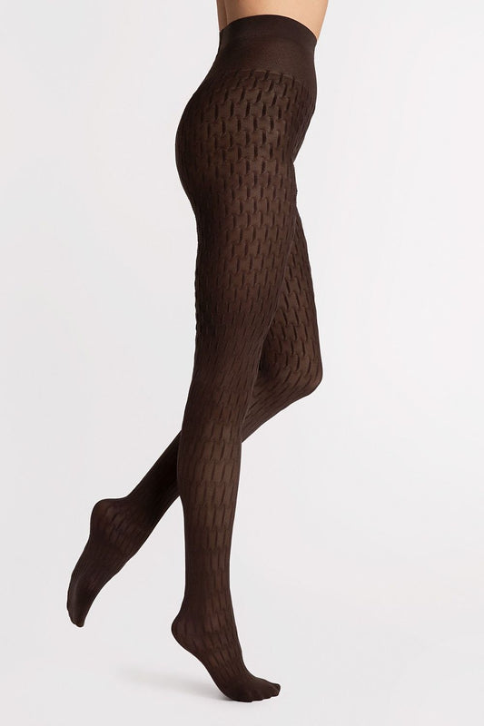 Elegant Fiore Stereo Tights 40 DEN in deep brown featuring a chic geometric pattern, ideal for adding sophistication to any outfit.