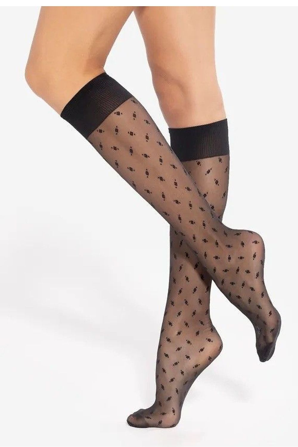 Luxury Gatta knee-high socks featuring a semi-opaque geometric pattern and non-binding cuff for ultimate comfort.