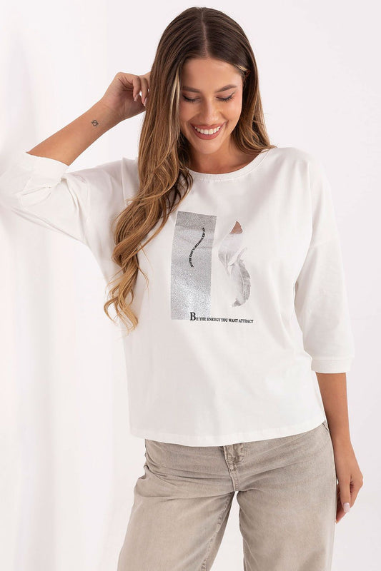 Elegant casual women's blouse with metallic print by Relevance, featuring 3/4 sleeves and crafted from soft cotton for comfort.