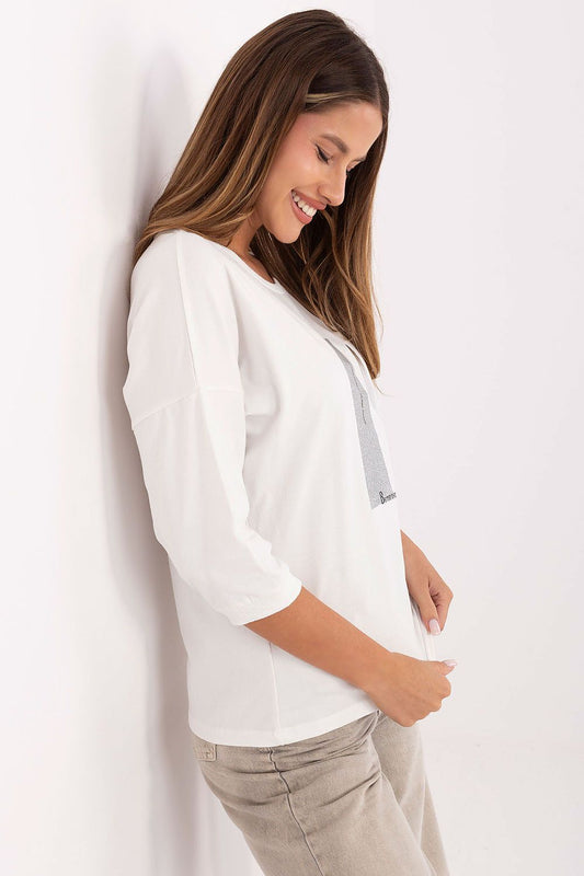 Stylish close-up of Relevance women's blouse showcasing the shimmering metallic print on premium cotton.